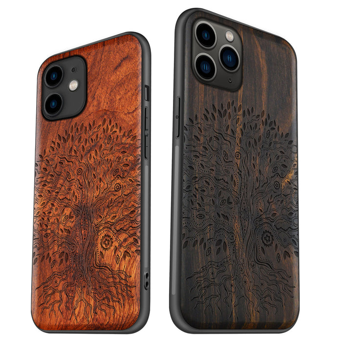 The Line Art Tree of Life, Classic Engraved Wood & TPU Case - Artisanal Cover for Apple iPhone