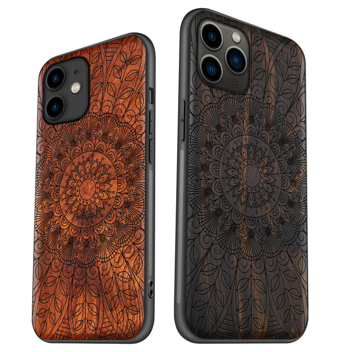 Das halbe Mandala-Spitzenmuster, Classic Engraved Wood & TPU Case - Artisanal Cover for Apple iPhone