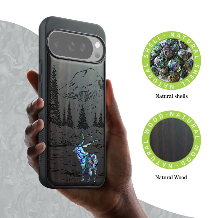 An Enthralling Natural Landscape Illustration, Hand-Inlaid Wood & Mother of Pearl Case - Artisanal Cover for Google Pixel