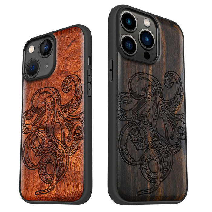 Bodybuilding Octopus Illustration, Classic Engraved Wood & TPU Case - Artisanal Cover for Apple iPhone