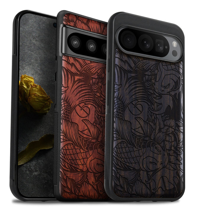 Flowing Harmony, Classic Engraved Wood & TPU Case - Artisanal Cover for Google Pixel