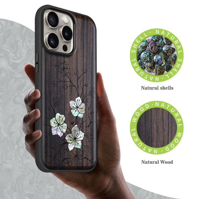 Whispering Sakura Blooms, Hand-Inlaid Wood & Mother of Pearl Case - Artisanal Cover for Apple iPhone