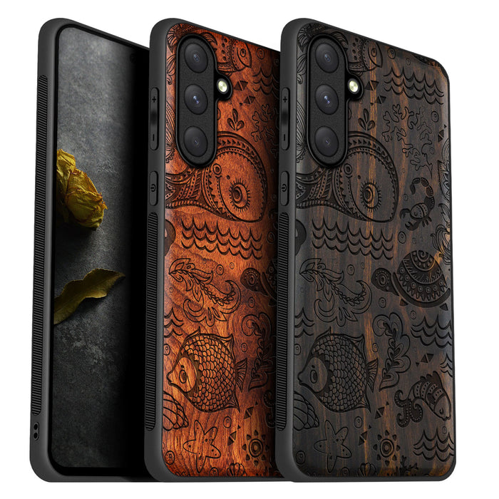 A Marine Mosaic, Classic Engraved Wood & TPU Case - Artisanal Cover for Samsung Galaxy