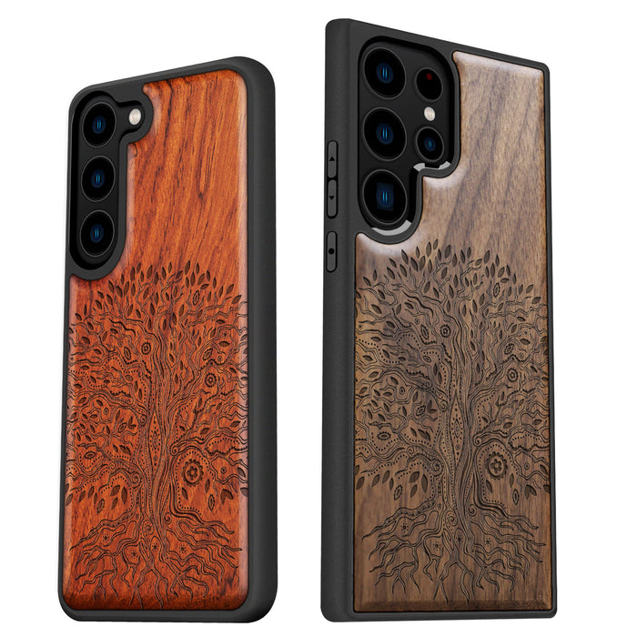 The Line Art Tree of Life, Classic Engraved Wood & TPU Case - Artisanal Cover for Samsung Galaxy