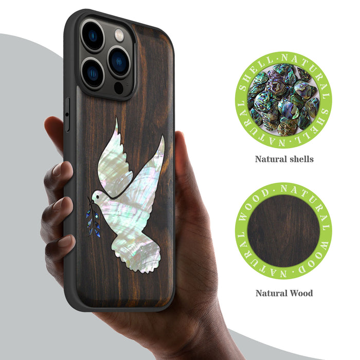 The Dove with Olive Branch, Hand-Inlaid Wood & Mother of Pearl Case - Artisanal Cover for Apple iPhone