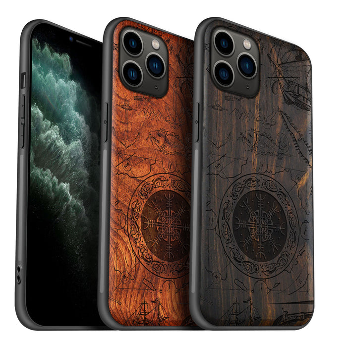 Viking Shield Amidst Maritime Treasures, Classic Engraved Wood & TPU Case - Artisanal Cover for Apple iPhone