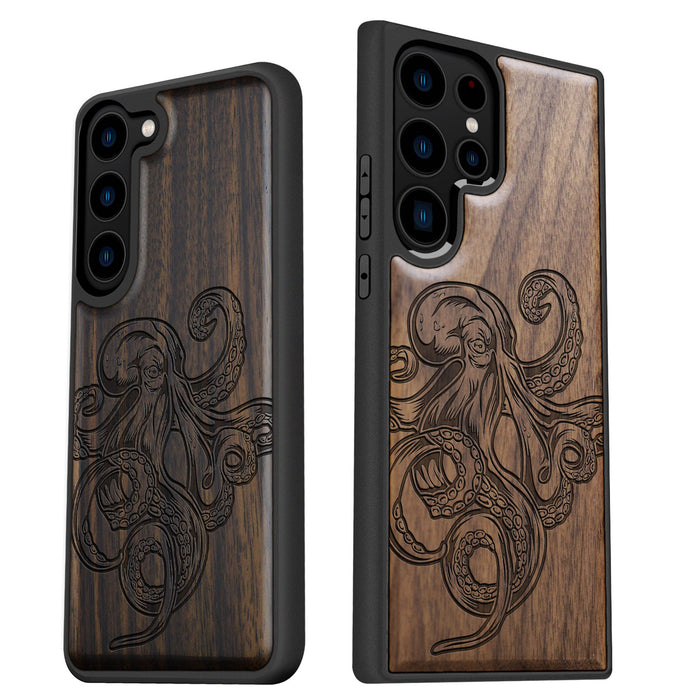 Bodybuilding Octopus Illustration, Classic Engraved Wood & TPU Case - Artisanal Cover for Samsung Galaxy