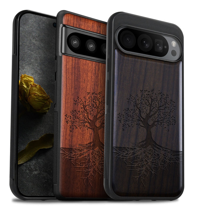 The Yin Yang Tree, Classic Engraved Wood & TPU Case - Artisanal Cover for Google Pixel