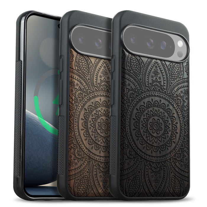 Floral Mandala, Classic Engraved Wood & TPU Case - Artisanal Cover for Google Pixel