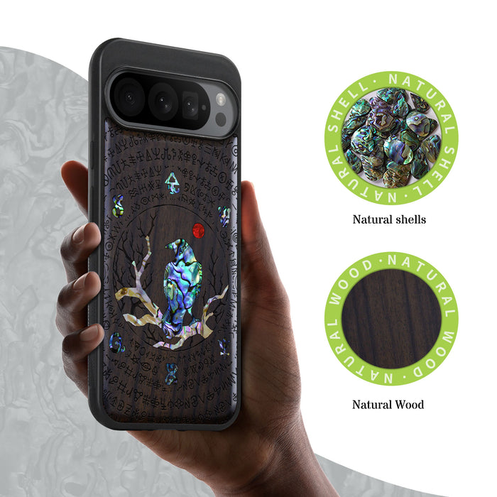 Raven's Arcanum, Hand-Inlaid Wood & Mother of Pearl Case - Artisanal Cover for Google Pixel