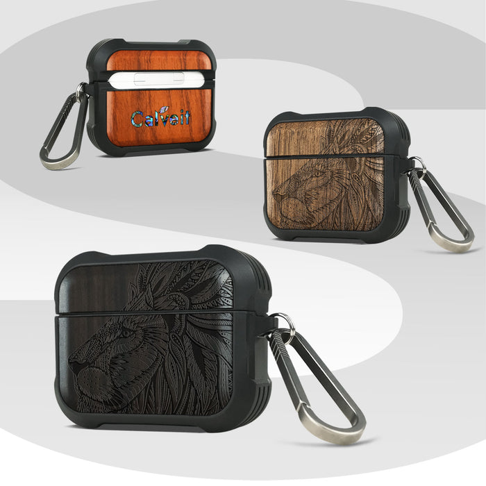 Lion Majesty - Wood Artisan Engraved & Shell Hand-Inlaid Cover - Artisanal Case for Apple AirPods (Titanium Quick Released Clasp)