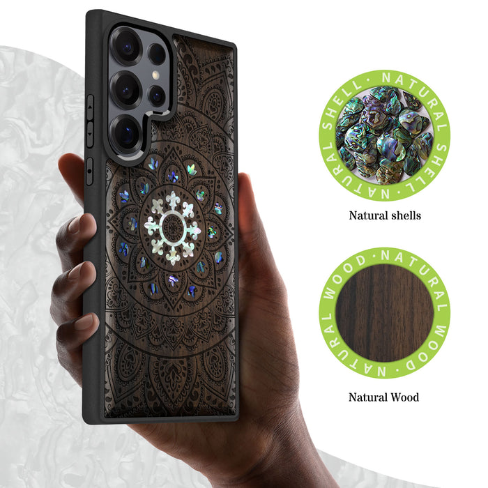 The Indian Mandala, Hand-Inlaid Wood & Mother of Pearl Case - Artisanal Cover for Samsung Galaxy