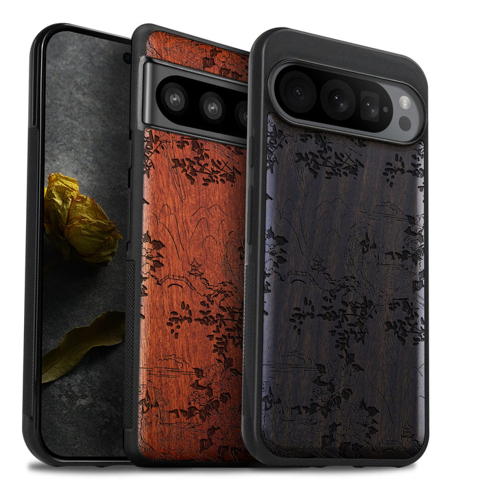 Oriental Elegance, Classic Engraved Wood & TPU Case - Artisanal Cover for Google Pixel