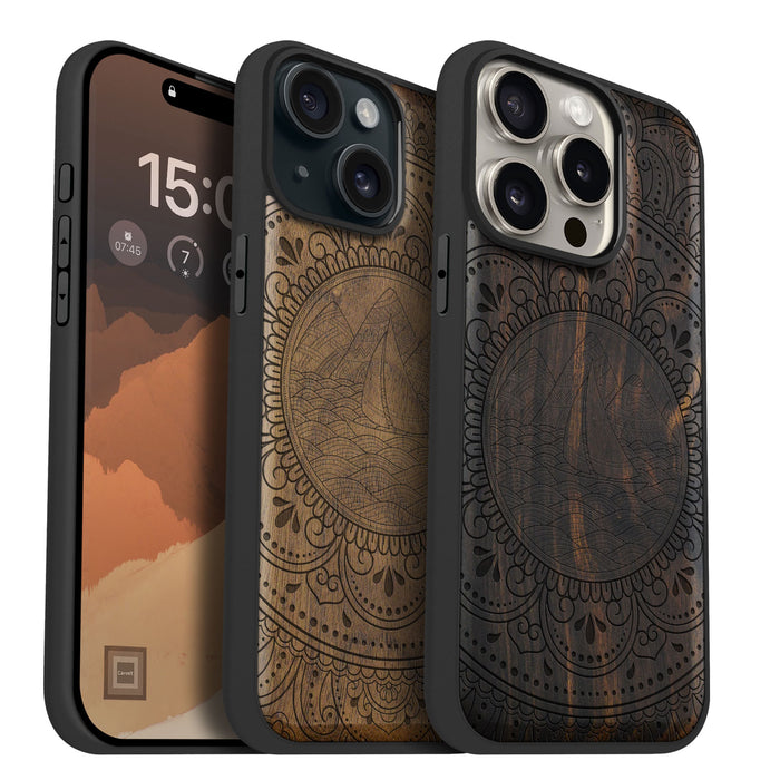 Serenity Mandala, Classic Engraved Wood & TPU Case - Artisanal Cover for Apple iPhone