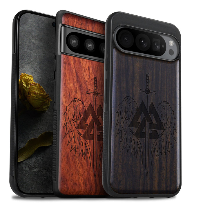 Valknut and Sword, Classic Engraved Wood & TPU Case - Artisanal Cover for Google Pixel