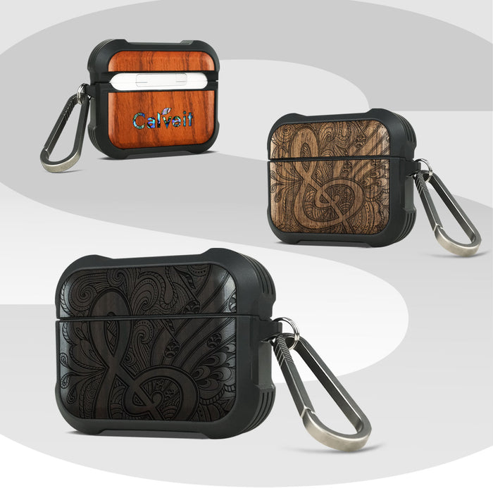 Zen Doodle Treble Clef - Wood Artisan Engraved & Shell Hand-Inlaid Cover - Artisanal Case for Apple AirPods (Titanium Quick Released Clasp)