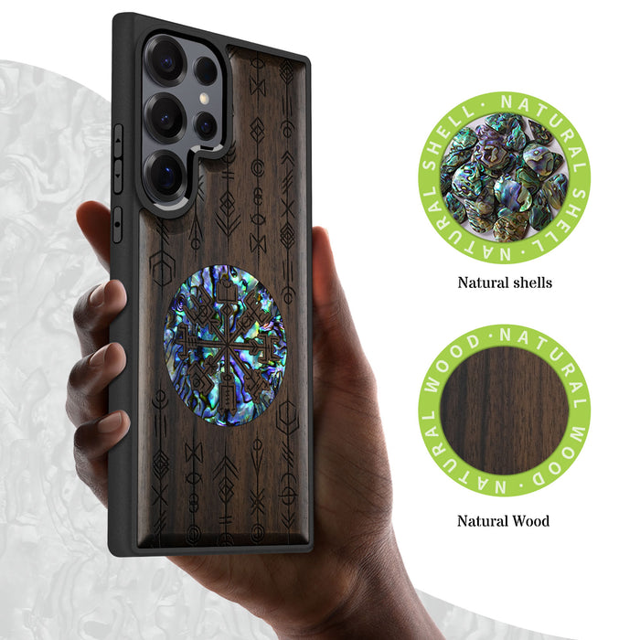 Echoes of Viking Lore, Hand-Inlaid Wood & Mother of Pearl Case - Artisanal Cover for Samsung Galaxy