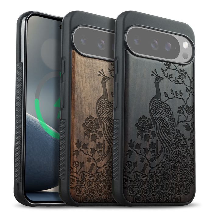 The Majestic Asian Peacock, Classic Engraved Wood & TPU Case - Artisanal Cover for Google Pixel