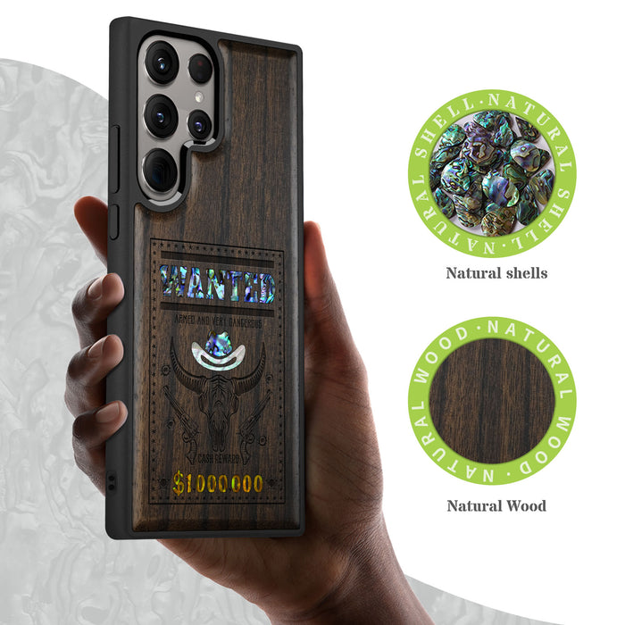 Western Wanted Poster, Hand-Inlaid Wood & Mother of Pearl Case - Artisanal Cover for Samsung Galaxy