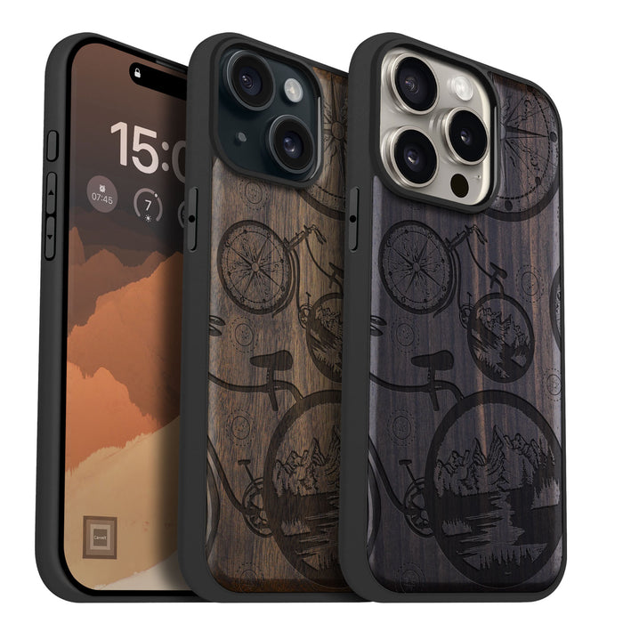 Bicycle Adventure, Classic Engraved Wood & TPU Case - Artisanal Cover for Apple iPhone