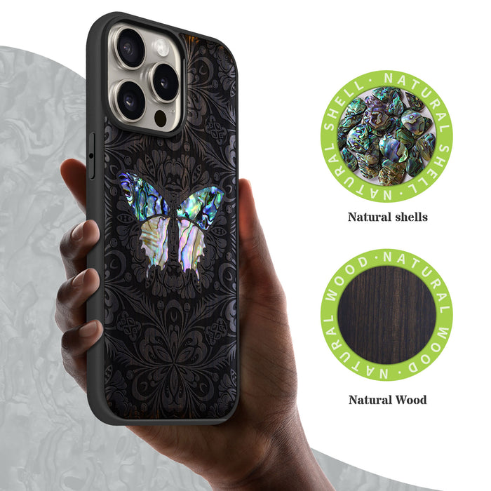 Baroque Butterfly, Hand-Inlaid Wood & Mother of Pearl Case - Artisanal Cover for Apple iPhone