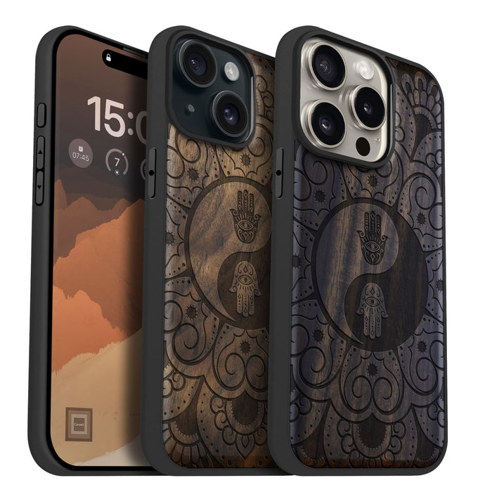 The Hamsa Yin-Yang Mandala, Classic Engraved Wood & TPU Case - Artisanal Cover for Apple iPhone