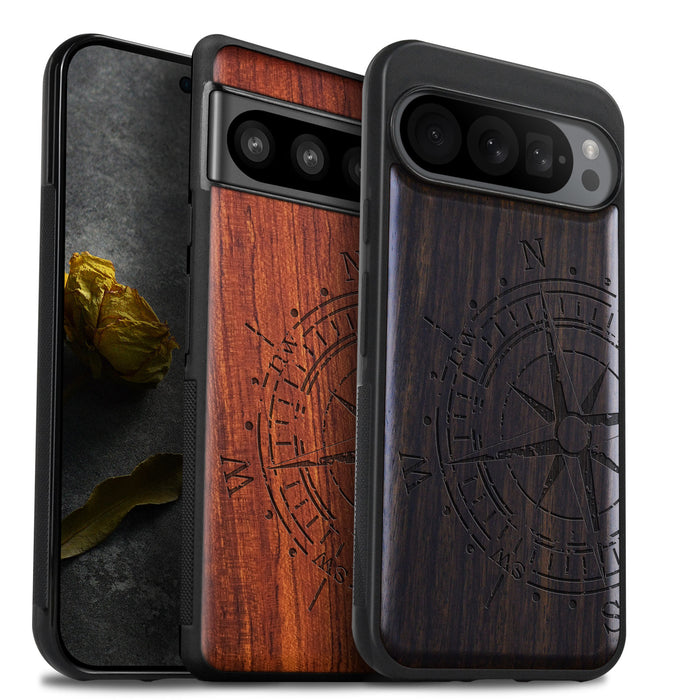 The Incomplete Compass, Classic Engraved Wood & TPU Case - Artisanal Cover for Google Pixel