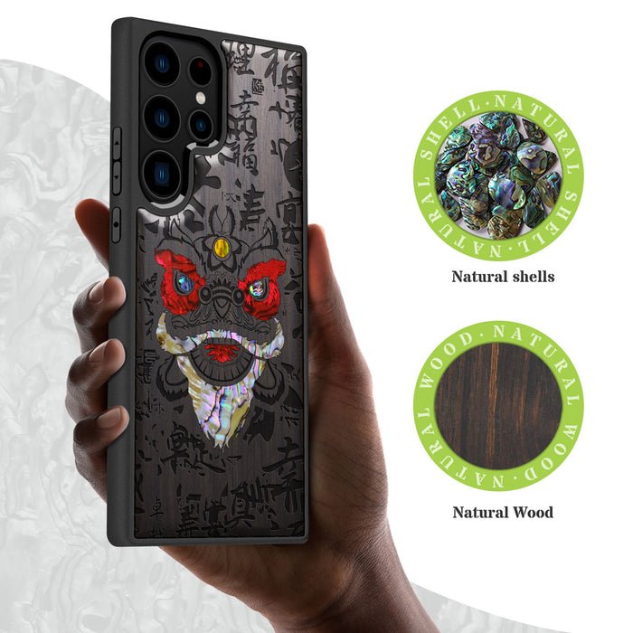 Chinese Lion, Hand-Inlaid Wood & Mother of Pearl Case - Artisanal Cover for Samsung Galaxy