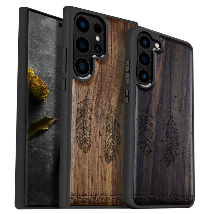 The Feathered Tapestry, Classic Engraved Wood & TPU Case - Artisanal Cover for Samsung Galaxy