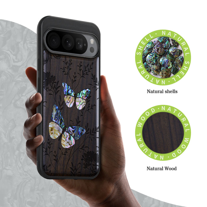 A Dance of Nature, Hand-Inlaid Wood & Mother of Pearl Case - Artisanal Cover for Google Pixel