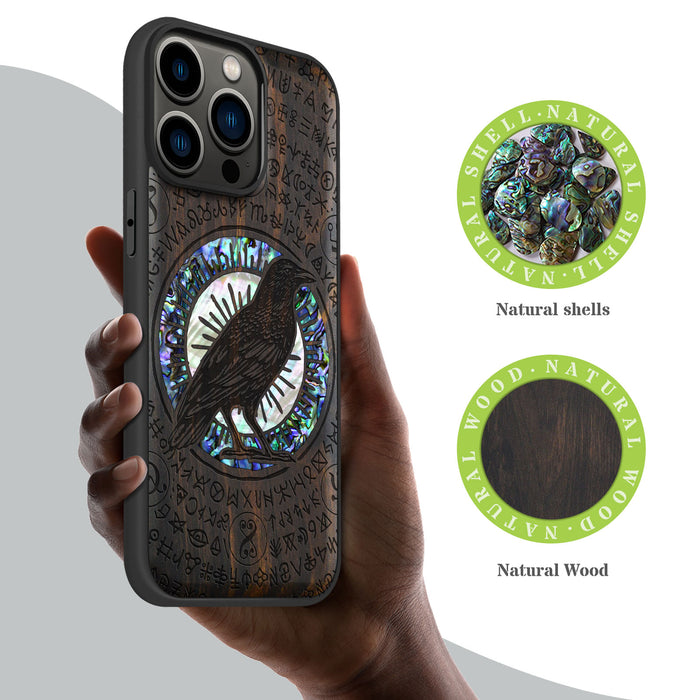 The Haloed Crow, Hand-Inlaid Wood & Mother of Pearl Case - Artisanal Cover for Apple iPhone