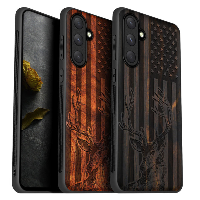 Deer Against the Backdrop of Stars and Stripes, Classic Engraved Wood & TPU Case - Artisanal Cover for Samsung Galaxy