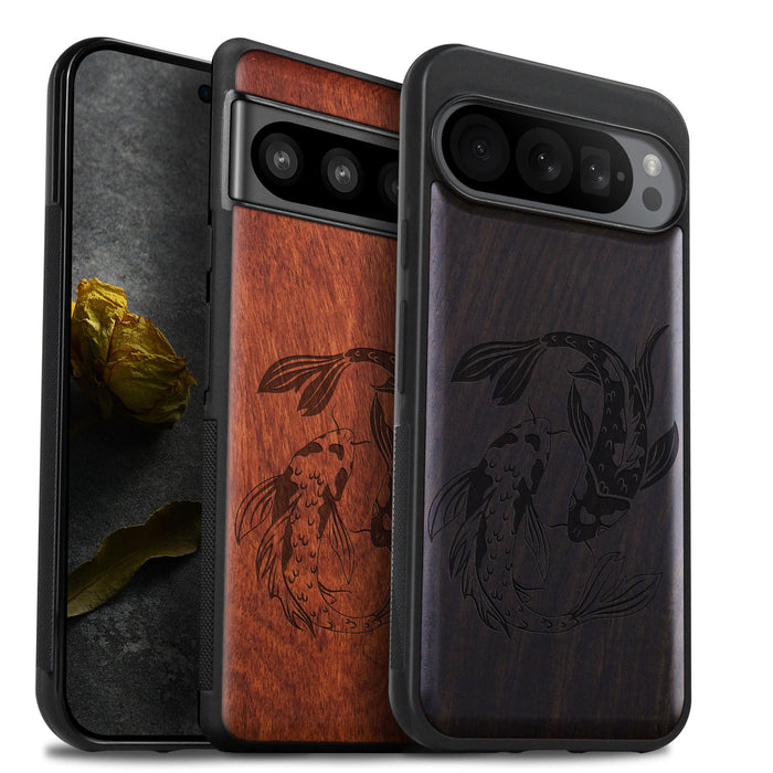 Yin-Yang Koi, Classic Engraved Wood & TPU Case - Artisanal Cover for Google Pixel