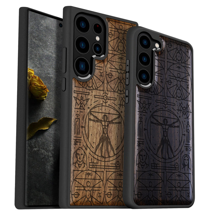 Vitruvian Man, Classic Engraved Wood & TPU Case - Artisanal Cover for Samsung Galaxy