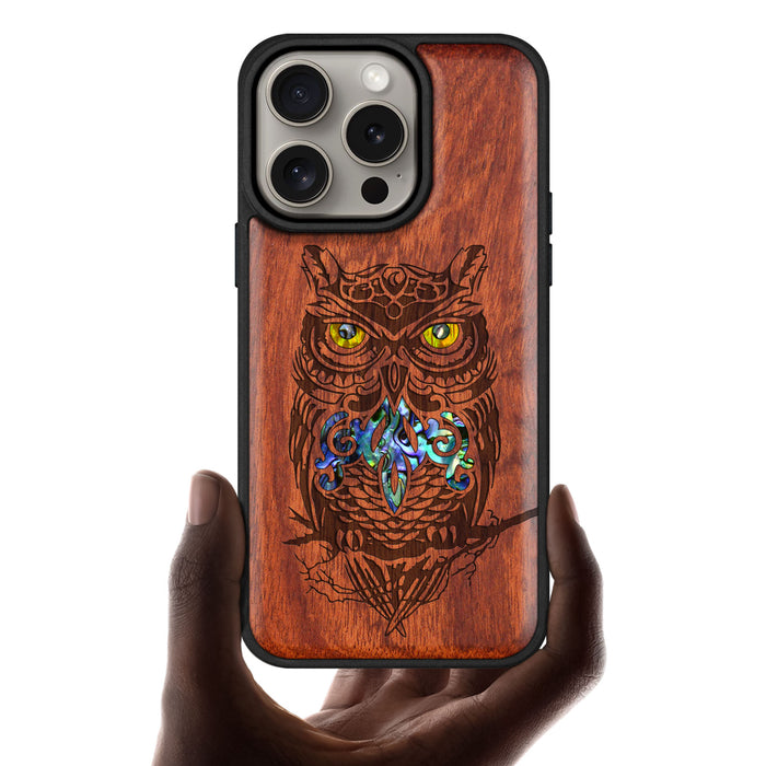 An Owl Perched on a Branch, Hand-Inlaid Wood & Mother of Pearl Case - Artisanal Cover for Apple iPhone