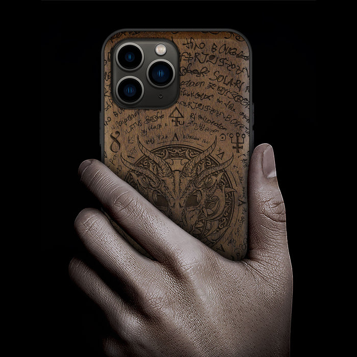 Dragon Skull within an Octagonal Star, Classic Engraved Wood & TPU Case - Artisanal Cover for Apple iPhone