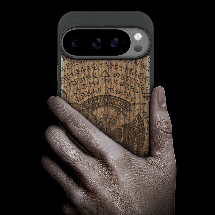 Bat and Skull within the Octagonal Star, Classic Engraved Wood & TPU Case - Artisanal Cover for Google Pixel