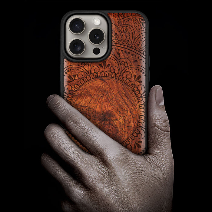 Serenity Mandala, Classic Engraved Wood & TPU Case - Artisanal Cover for Apple iPhone