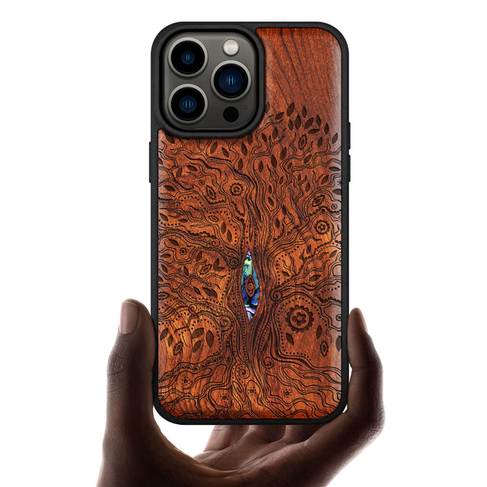 The Line Art Tree of Life, Hand-Inlaid Wood & Mother of Pearl Case - Artisanal Cover for Apple iPhone