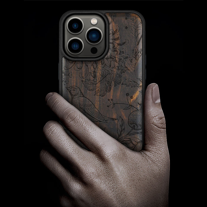 The Chrysanthemum and the Songbird, Classic Engraved Wood & TPU Case - Artisanal Cover for Apple iPhone