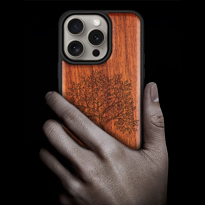 The Fairy Tree Line Art, Classic Engraved Wood & TPU Case - Artisanal Cover for Apple iPhone