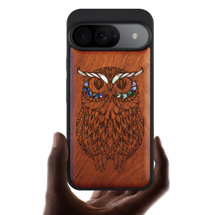 The Owl Mandala, Hand-Inlaid Wood & Mother of Pearl Case - Artisanal Cover for Google Pixel