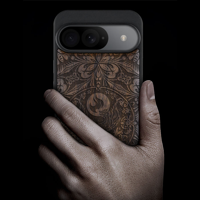 The Phoenix Mandala, Classic Engraved Wood & TPU Case - Artisanal Cover for Google Pixel