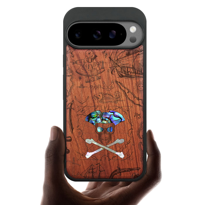 The Pirate's Legacy, Hand-Inlaid Wood & Mother of Pearl Case - Artisanal Cover for Google Pixel