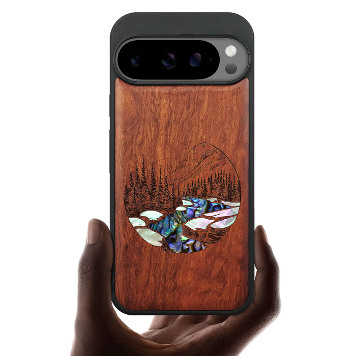 The Lake and Mountain Landscape, Hand-Inlaid Wood & Mother of Pearl Case - Artisanal Cover for Google Pixel