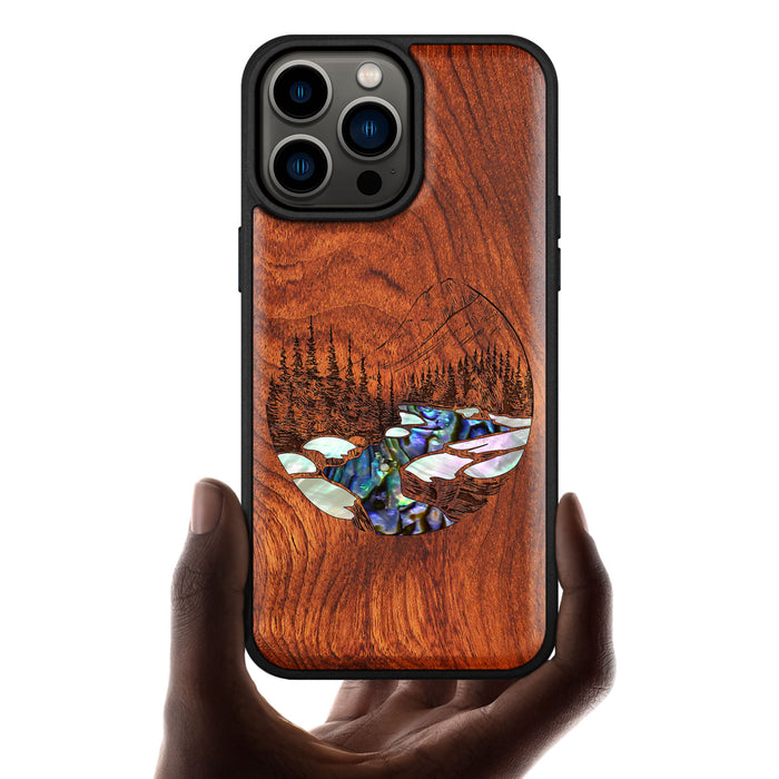 The Lake and Mountain Landscape, Hand-Inlaid Wood & Mother of Pearl Case - Artisanal Cover for Apple iPhone