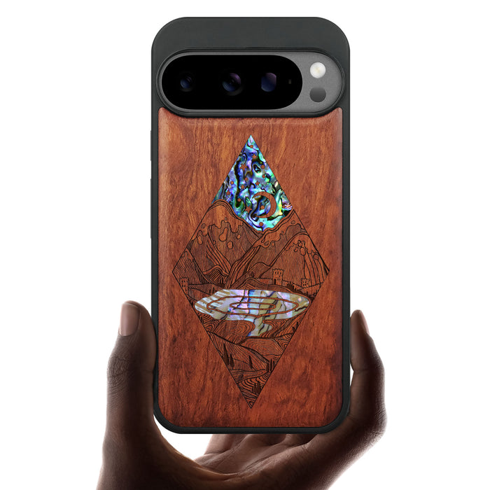 A Glimpse into the Starlit Wilderness, Hand-Inlaid Wood & Mother of Pearl Case - Artisanal Cover for Google Pixel
