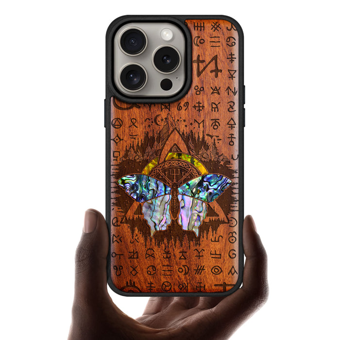 Celtic Butterfly, Hand-Inlaid Wood & Mother of Pearl Case - Artisanal Cover for Apple iPhone