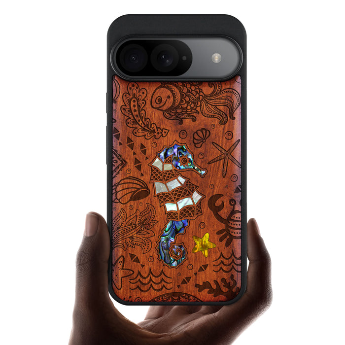 An Aquatic Symphony, Hand-Inlaid Wood & Mother of Pearl Case - Artisanal Cover for Google Pixel