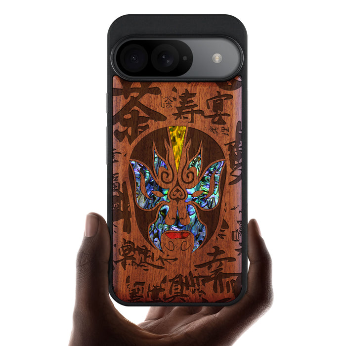 The Chinese Opera Mask, Hand-Inlaid Wood & Mother of Pearl Case - Artisanal Cover for Google Pixel